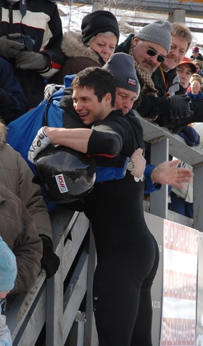 Steve hugs his dad after his win