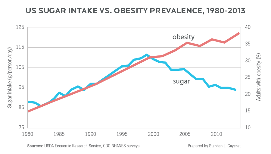 US Sugar Intake vs Obesity Prevalence - 1980-2013