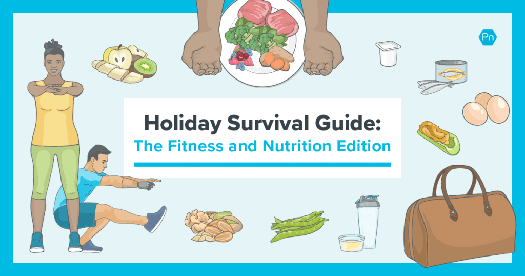 Text reads "Holiday Survival Guide: The Fitness and Nutrition Edition." Images of food items, hand portions, and two people working out surround the text.