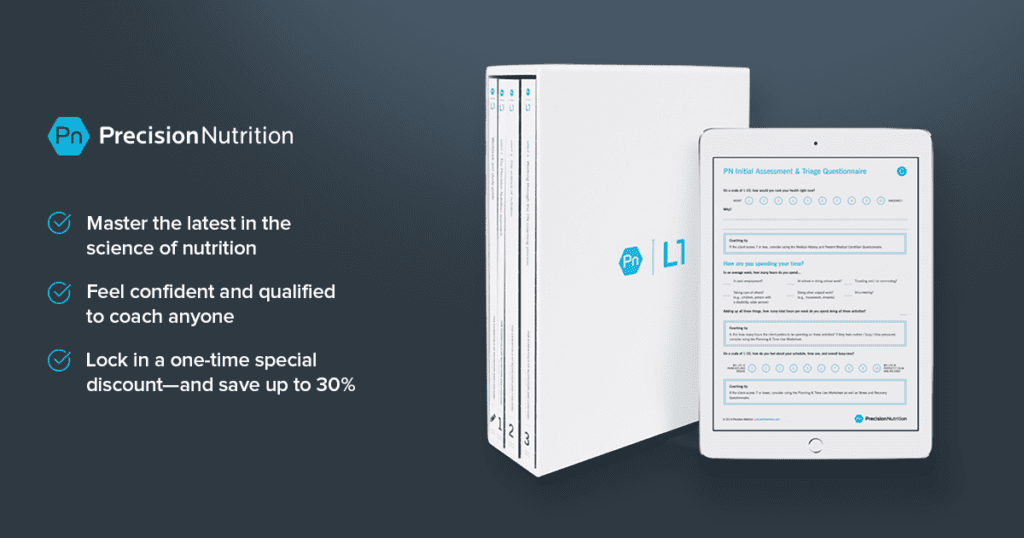Precision Nutrition Level 1 Certification textbooks in a box and questionnaire on a tablet. Text to the left.