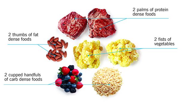 Hand portions of food for V type (mesomorph) body type eating. 1 cupped handfuls of carb dense foods, 1 thumb of fat dense foods, 1 fists of vegetables and 1 palms of protein dense foods.