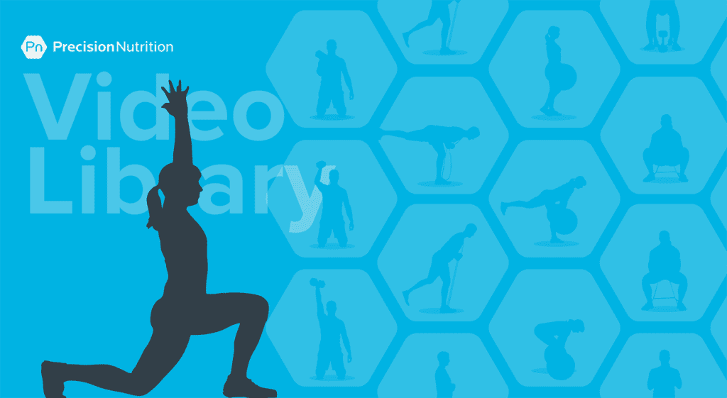 Silhouette of a person doing a forward lunge with arms stretched overhead. In the background, hexagons with silhouettes of people doing various fitness movements.