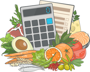 An illustration of the Precision Nutrition Weight Loss Calculator for understanding how to get into a calorie deficit and find the right portions surrounded by fruits, grains, fish, and vegetables.