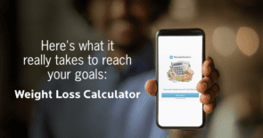 Closeup of an outstretched hand holding a phone with the Precision Nutrition Weight Loss Calculator displayed on screen.