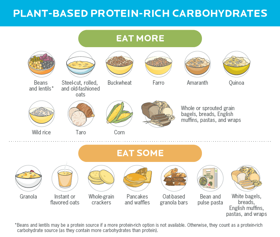 An infographic with illustrations of carbohydrate foods that also contain protein.