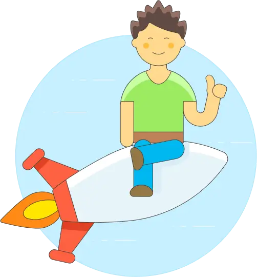 Pleased man gives thumbs-up while seated on the nose of a rocket ship