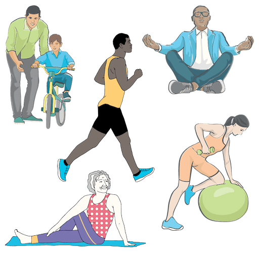 Six people doing different types of exercise: bike riding, meditation, jogging, stretching and pilates.