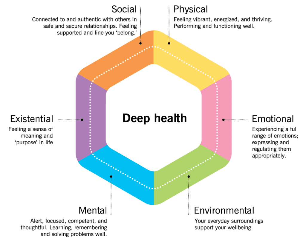 Wheel-shaped graphic that shows the six dimensions of deep health: Social, Physical, Existential, Emotional, Mental, Environmental