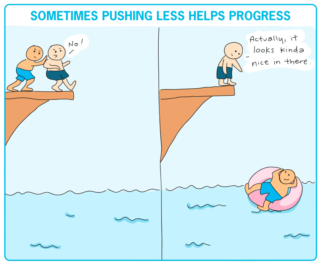 Two comic panels show two characters at a swimming pool. In the first panel, character one is attempting to push character two off the diving board, and character two is resisting hard. In the second panel, character one has decided to ease off and enjoy himself in the water. Meanwhile, character two decides he might like to try jumping into the water after all, since no one is pushing him.