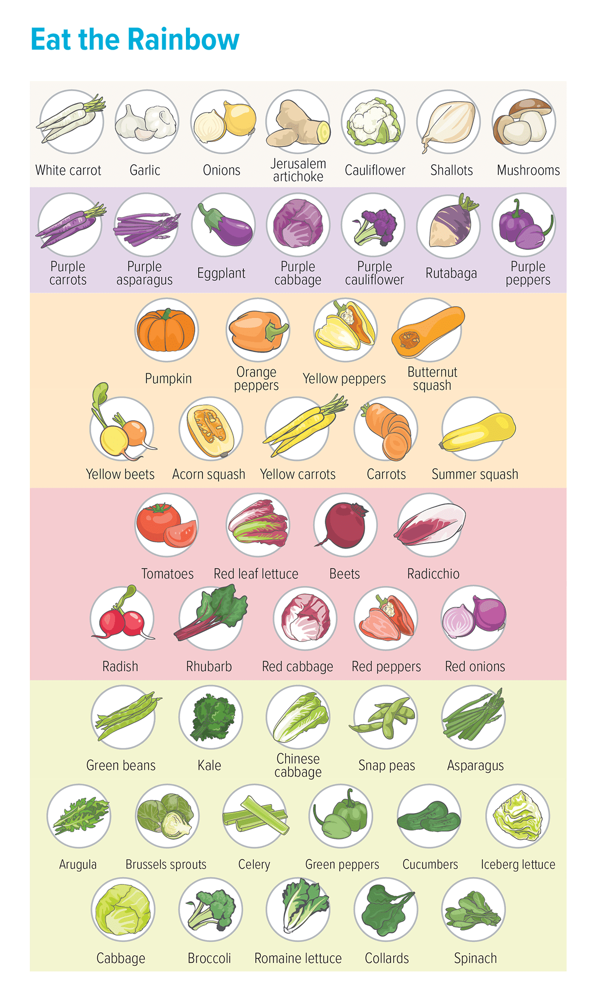 A graphic that shows a vegetable food list categorized by the color of the vegetables. Red vegetables: beets, tomatoes, red leaf lettuce, rhubarb, radicchio, red cabbage, red onions, red peppers. Purple vegetables: purple asparagus, eggplant, purple cabbage, purple carrots, purple peppers, rutabaga. Green vegetables: Chinese cabbage, arugula, kale, green beans, Brussels sprouts, celery, snap peas, asparagus, cabbage, broccoli, green peppers, Romaine lettuce, cucumbers, iceberg lettuce, spinach, collards. White vegetables: cauliflower, shallots, white carrot, mushrooms, garlic, Jerusalem artichoke, onions. Yellow/Orange vegetables: pumpkin, butternut squash, orange peppers, carrots, yellow peppers, acorn squash, yellow beets, summer squash, carrots, yellow carrots. Remember: Eating a wide variety of vegetables helps ensure you get all teh nutrients you need for optimal sports nutrition and maximal performance. 