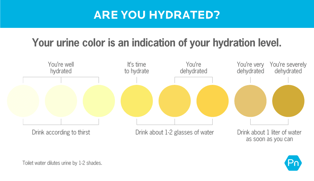 Chart shows urine colors that indicate your hydration level. A nearly clear or slightly yellow urine color indicates that you’re well hydrated and can drink according to thirst. A yellow color indicates it’s time to hydrate, and darker than that indicates you’re dehydrated, and you should drink at least 1-2 glasses of water. A brownish yellow to dark yellow urine indicates you’re very dehydrated to severely dehydrated. Drink about 1 liter of water as soon as you can. Remember: Staying hydrated is key for optimal sports nutrition. 
