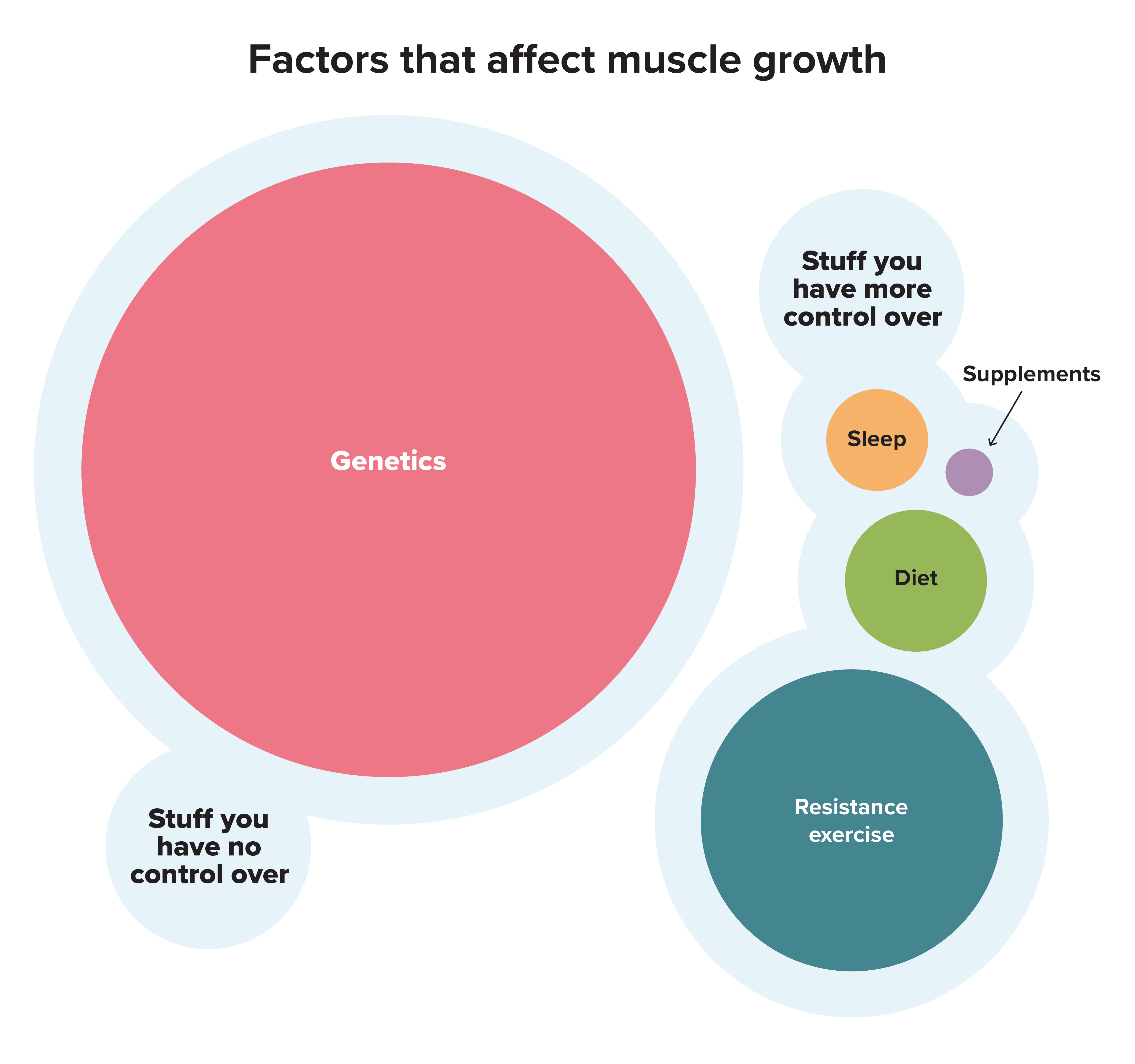 Image shows how different factors affect muscle growth. Some factors, like genetics, we have no control over. Other factors, like resistance training, diet, sleep, and supplements, we have more control over.