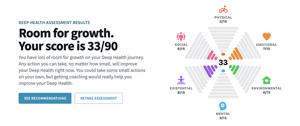 Image shows sample Deep Health score of 33 out of 90 points