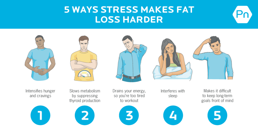 Illustrations of five people who represent different ways stress makes fat loss harder.
